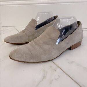 Vince., 9.5 women’s, gray beige suede leather slip on designer loafers msrp $200